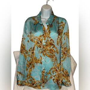 Chico's Teal and Gold Patterned Shirt
